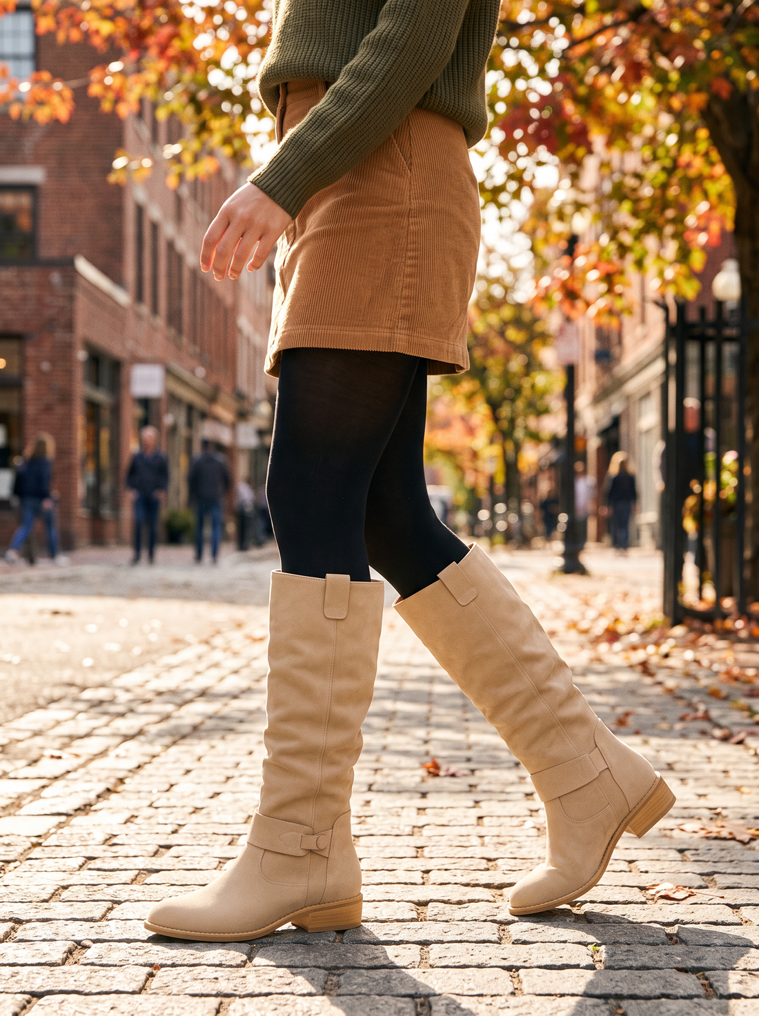 Women's beige knee-high boots worn walking on a city street
