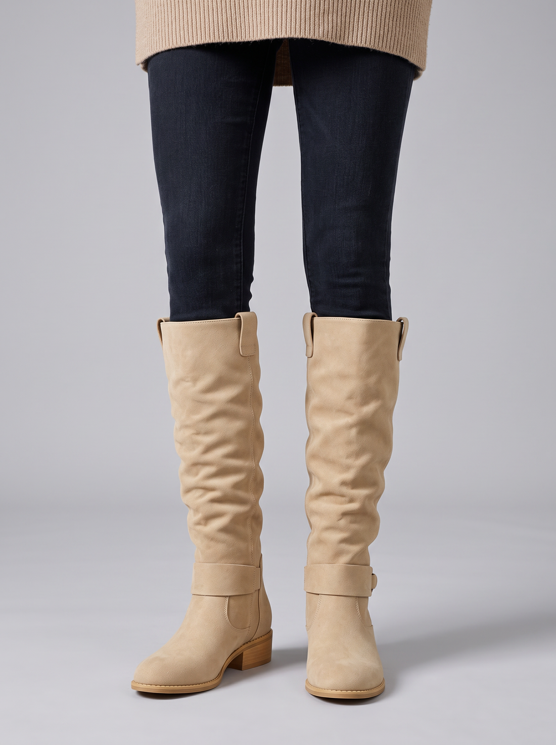 Women's beige suede knee-high wedge boots – front view