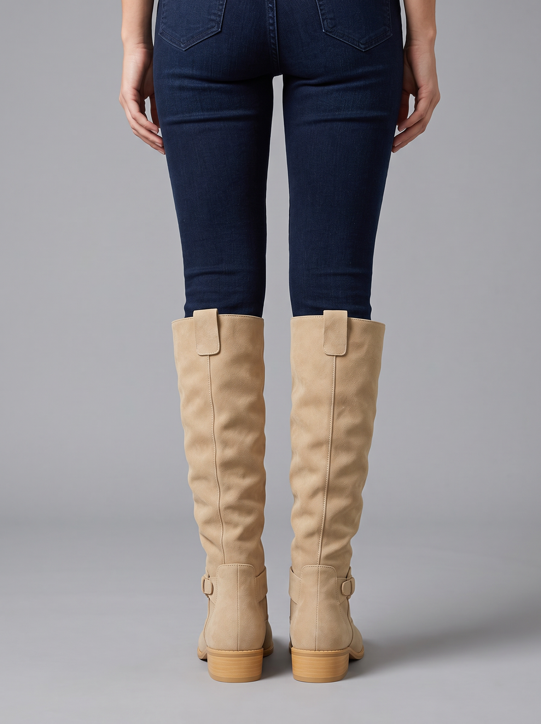Women's beige suede knee-high wedge boots – back view
