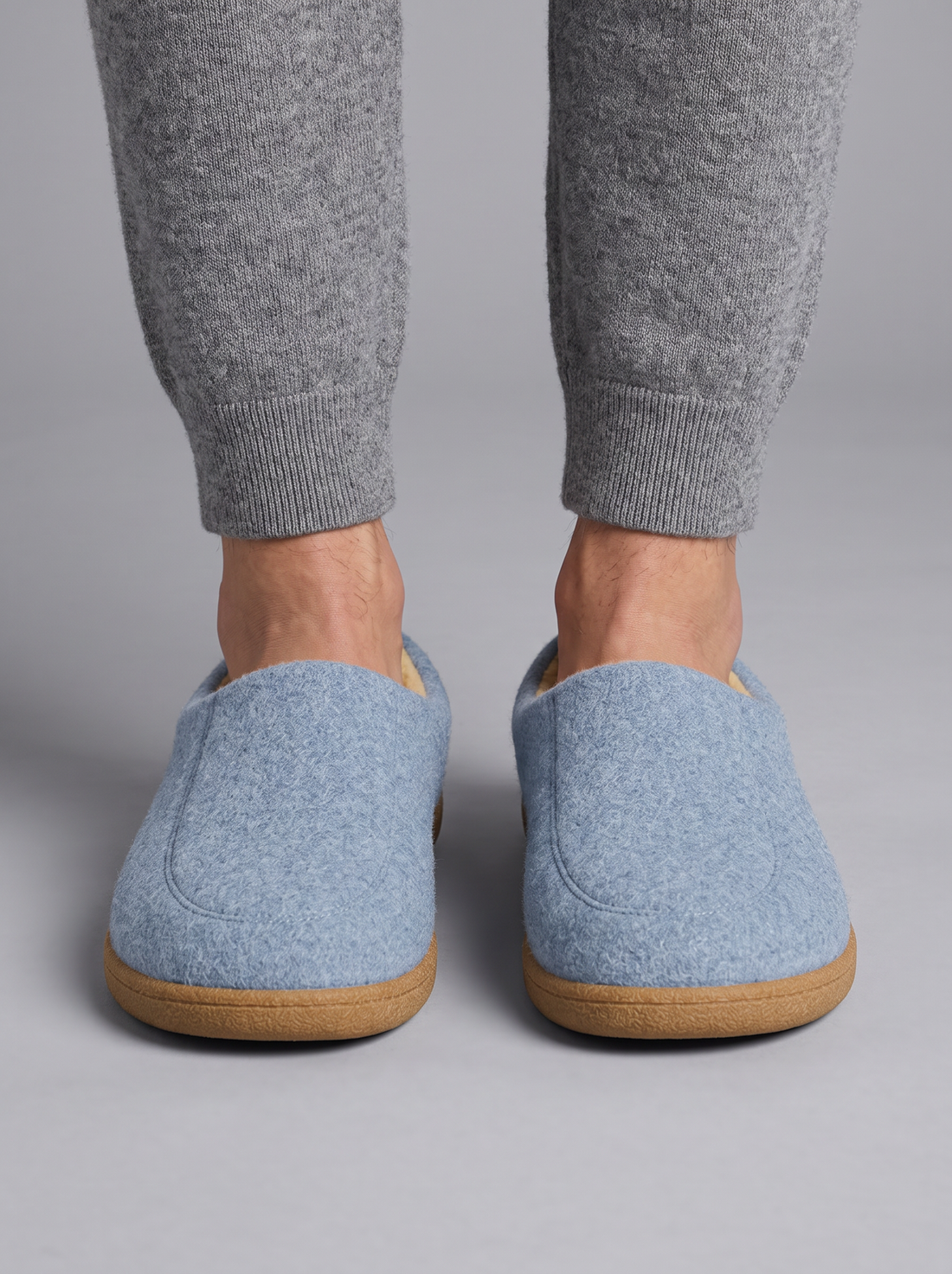 Light blue fleece-lined orthopedic house slippers – front view