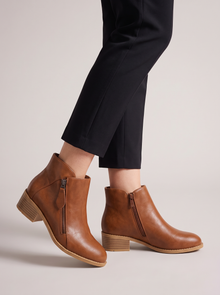 Women's Ankle Boots – Faux Leather Low Block Heel Boots with Zip in Brown – side view