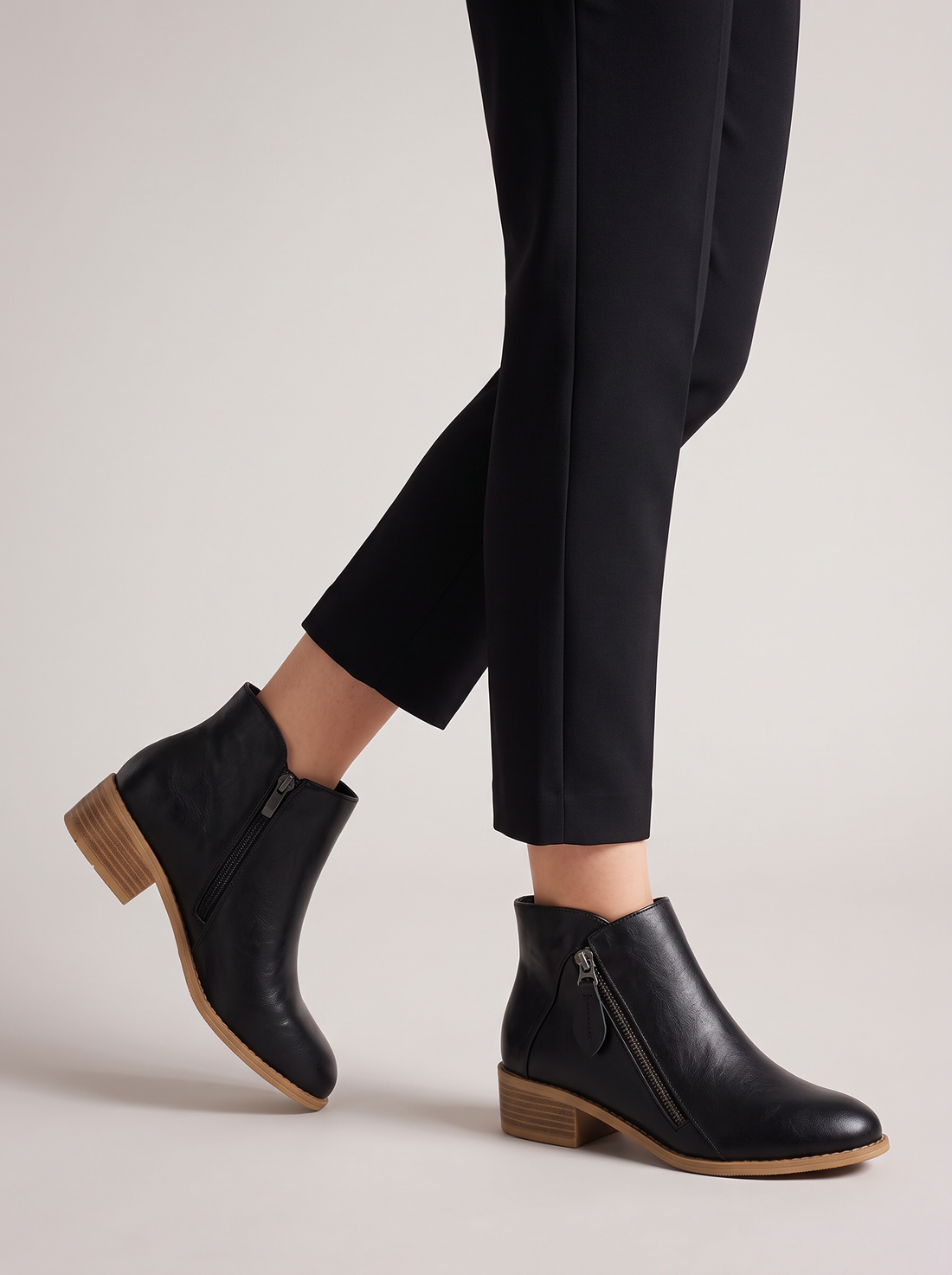 Women's Ankle Boots – Faux Leather Low Block Heel Boots with Zip in Black