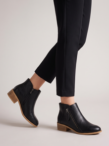 Women's Ankle Boots – Faux Leather Low Block Heel Boots with Zip in Black