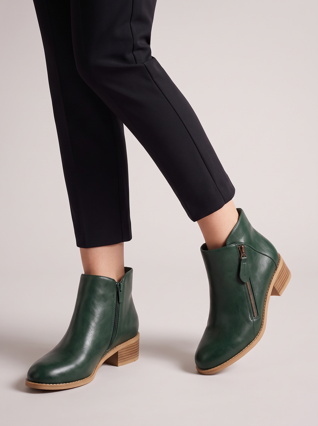 Women's Ankle Boots – Faux Leather Low Block Heel Boots with Zip in Green