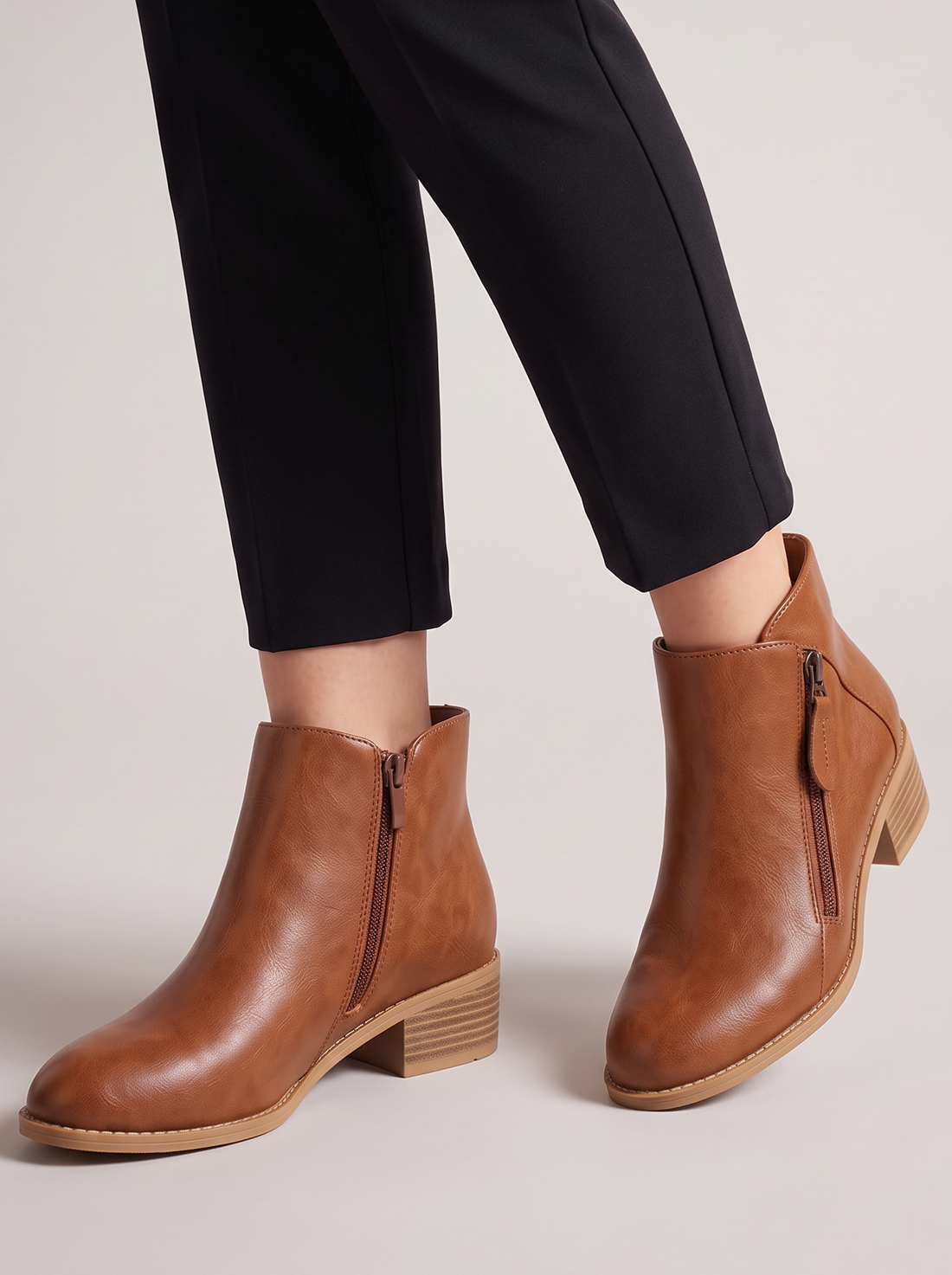 Women's Ankle Boots – Faux Leather Low Block Heel Boots with Zip in Brown – front view