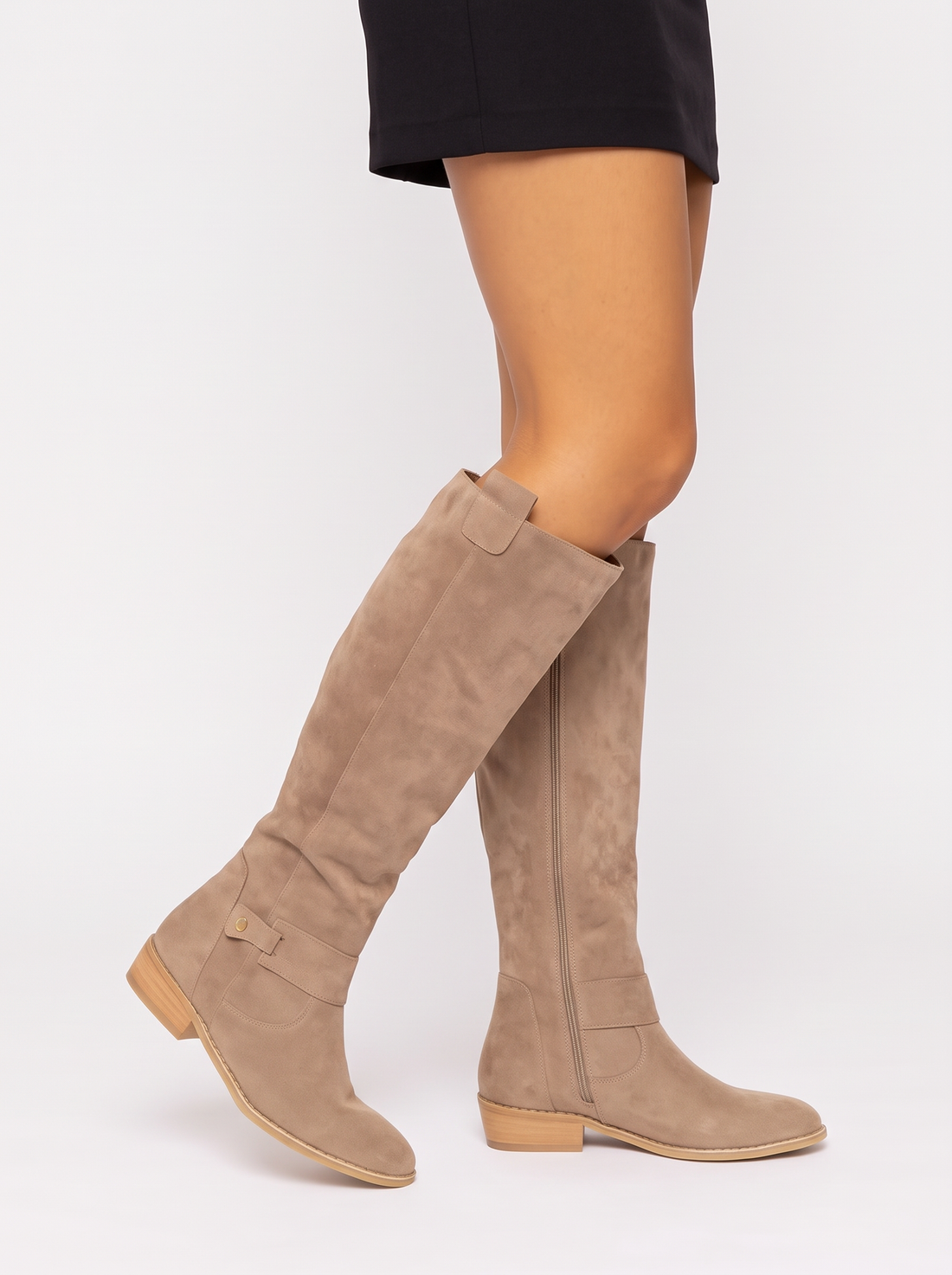 Women's Knee High Boots – Faux Suede Block Heel Boots with Side Zip in Beige – front view