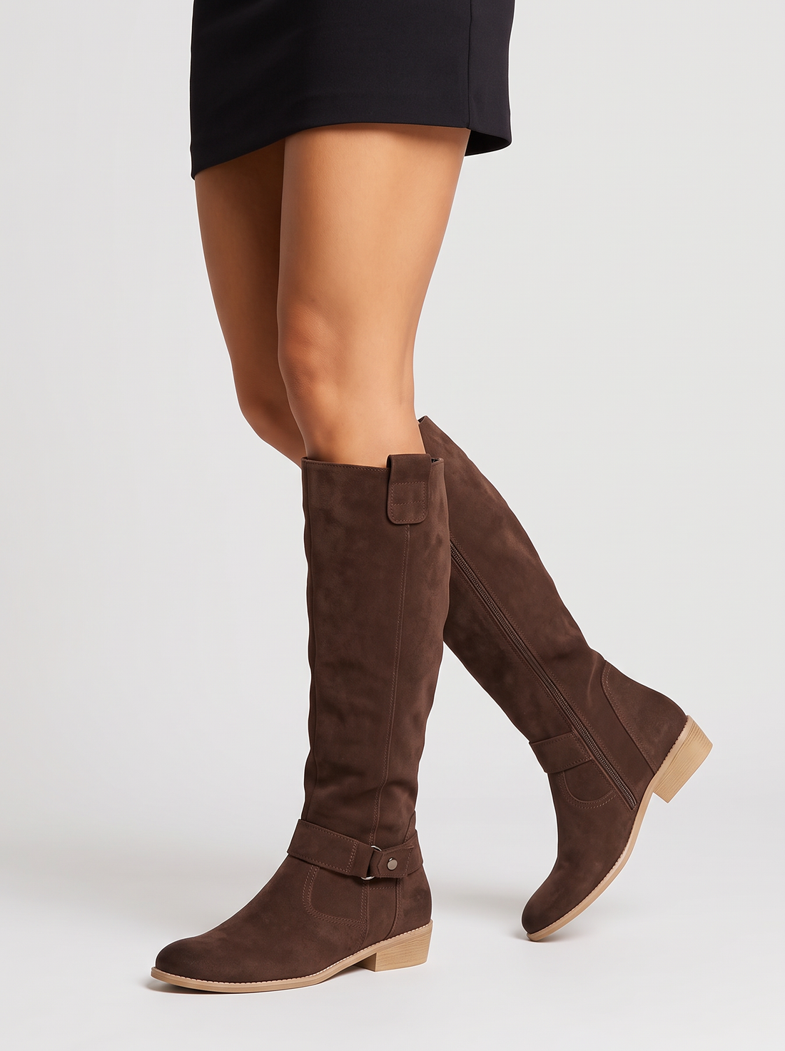 Women's Knee High Boots – Faux Suede Block Heel Boots with Side Zip in Brown