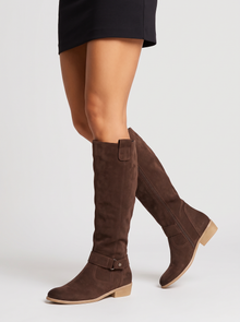 Women's Knee High Boots – Faux Suede Block Heel Boots with Side Zip in Brown