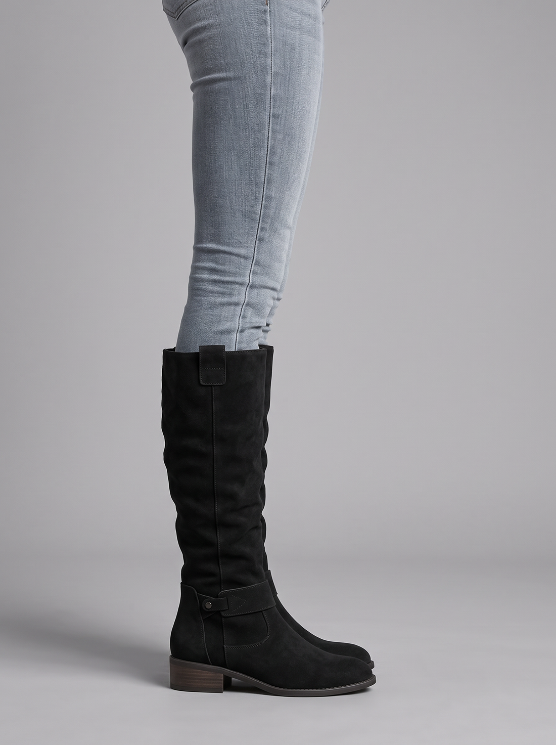 Women's black suede knee-high wedge boots – side view