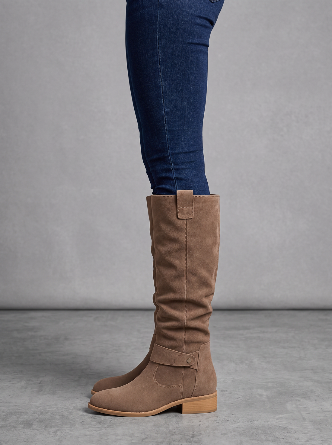 Women's taupe suede knee-high wedge boots – side view