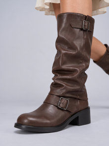 Women's Knee High Boots – Faux Leather Slouch Biker Boots with Buckles in Brown – close-up of buckles