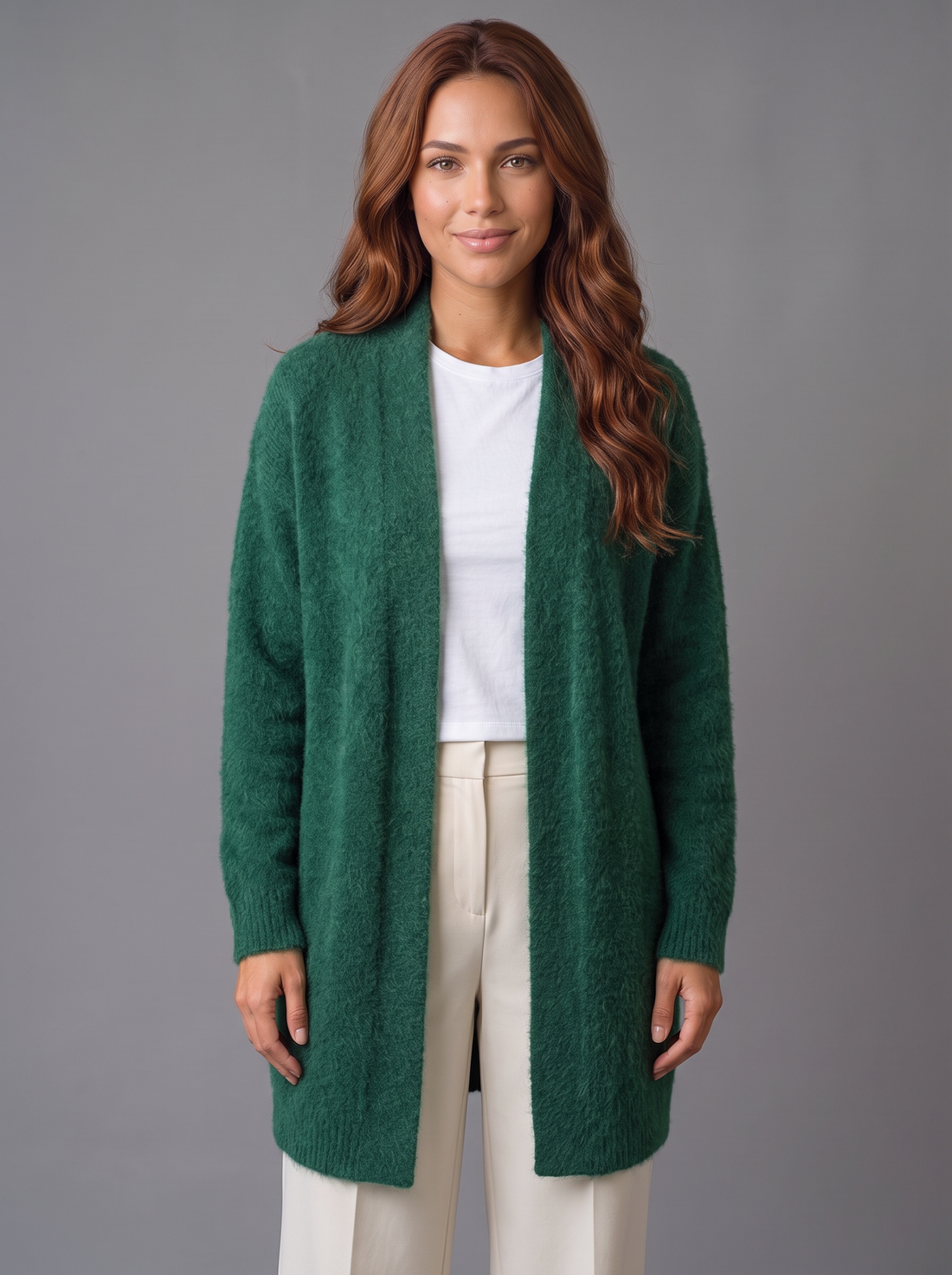 Women's green fluffy longline open-front cardigan