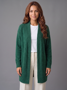 Women's green fluffy longline open-front cardigan