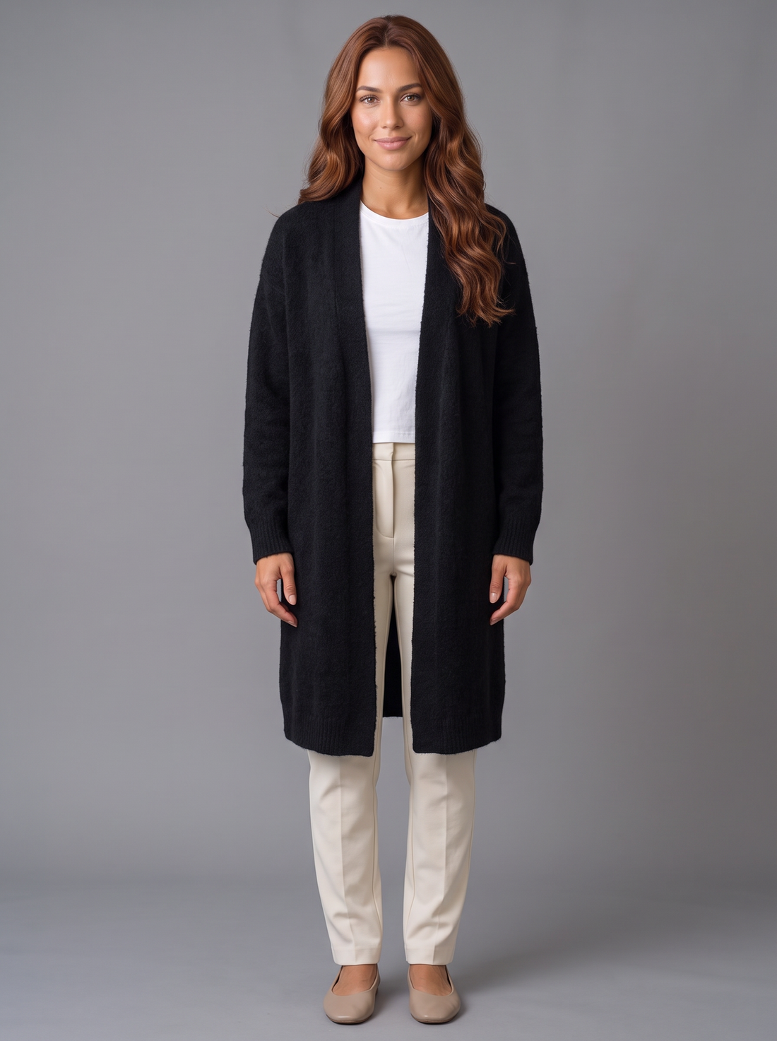 Women's black fluffy longline open-front cardigan