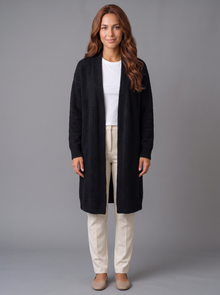 Women's black fluffy longline open-front cardigan