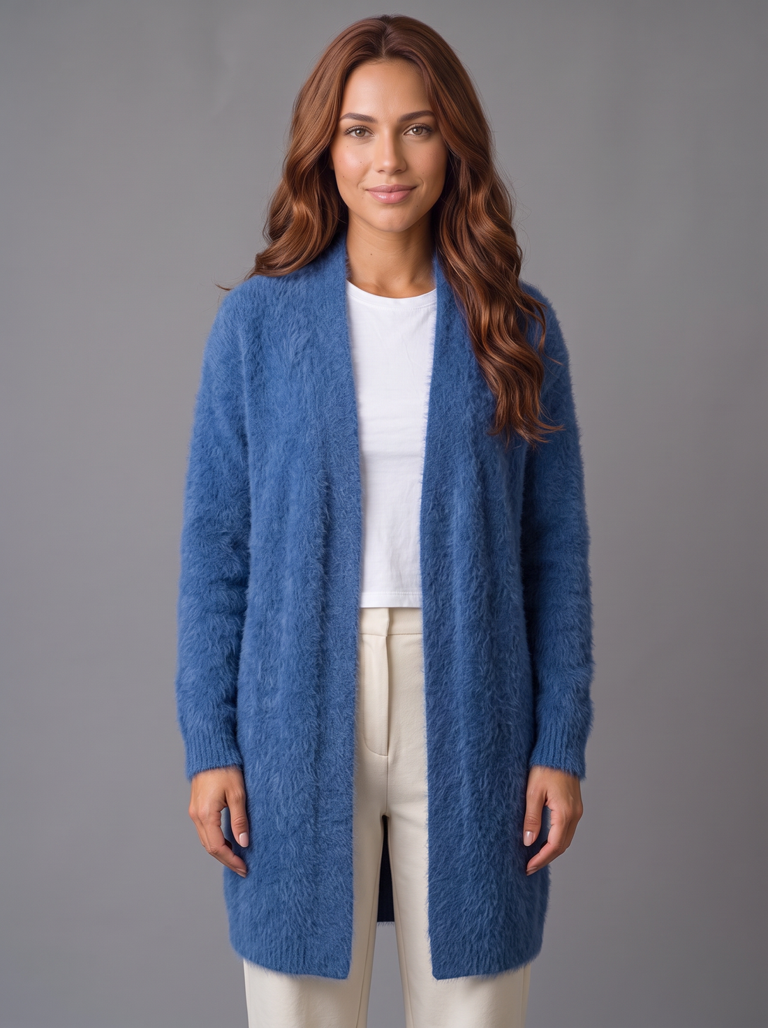 Women's blue fluffy longline open-front cardigan