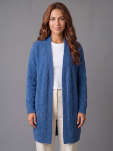 Women's blue fluffy longline open-front cardigan