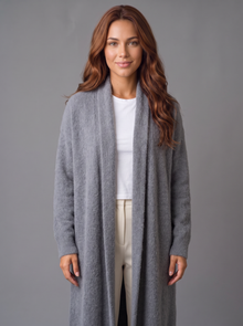 Women's grey fluffy longline open-front cardigan – front view