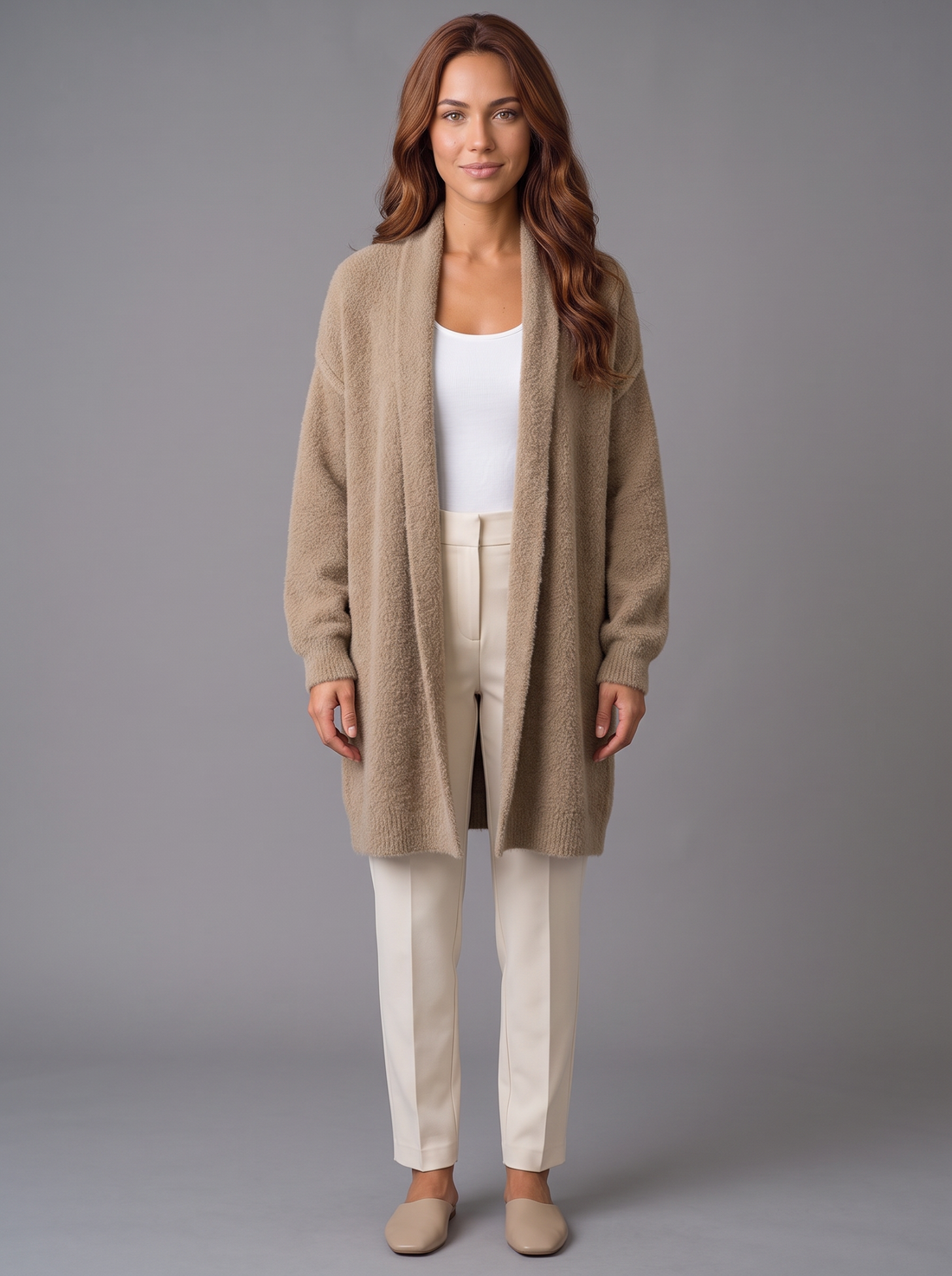Women's khaki beige fluffy longline open-front cardigan