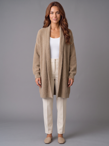 Women's khaki beige fluffy longline open-front cardigan