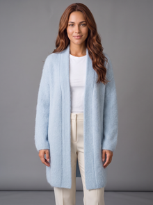 Women's light blue fluffy longline open-front cardigan