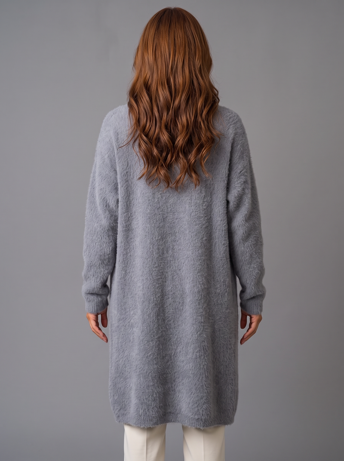 Women's grey fluffy longline open-front cardigan – front view