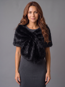 Obsidian black faux fur wrap shawl worn crossed at the chest