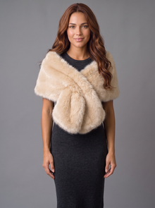 Champagne faux fur wrap shawl worn crossed at the chest