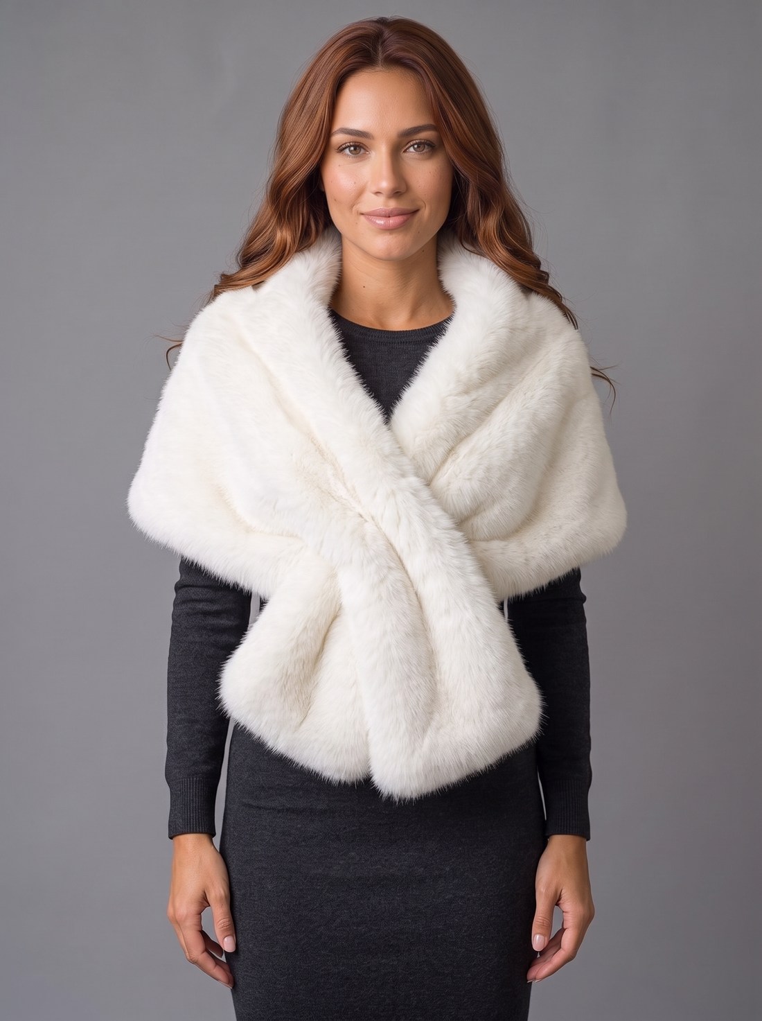 Ivory white faux fur wrap shawl worn crossed at the chest
