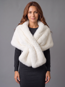 Ivory white faux fur wrap shawl worn crossed at the chest