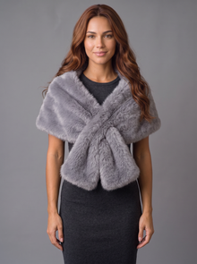 Ash grey faux fur wrap shawl worn crossed at the chest