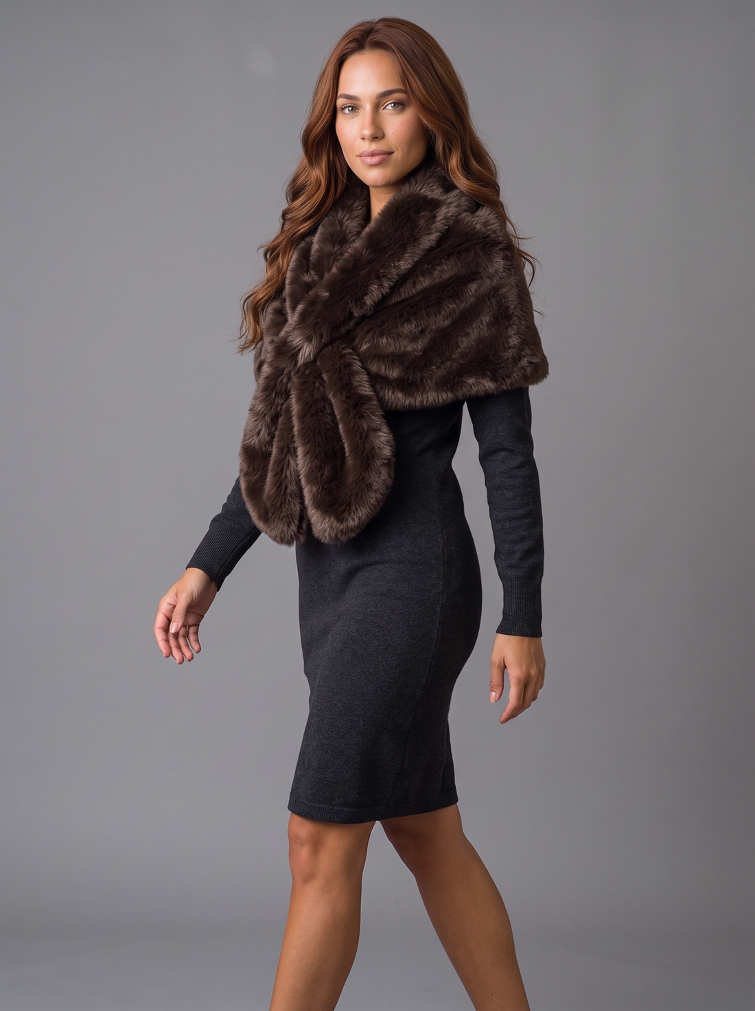 Espresso brown faux fur wrap shawl – side view