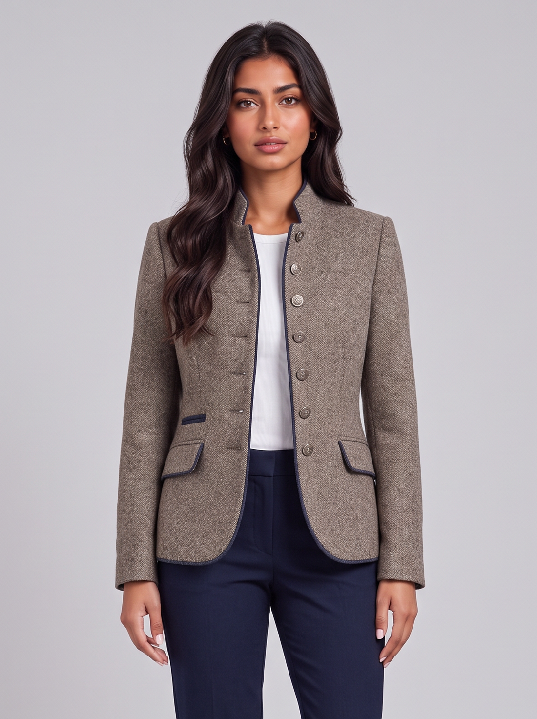 Women's taupe tweed wool-blend blazer with stand collar – front view