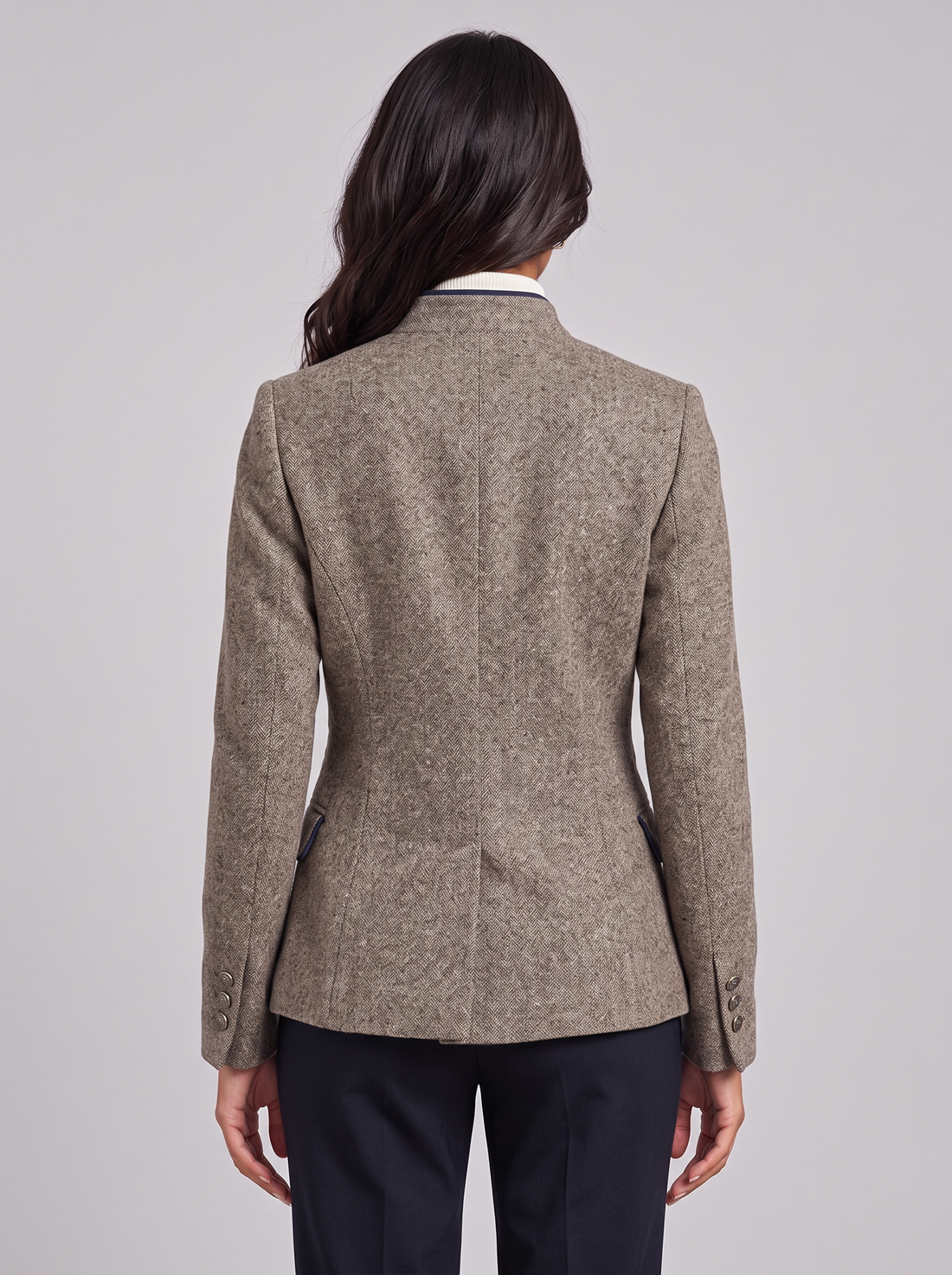 Women's taupe tweed wool-blend blazer with stand collar – front view