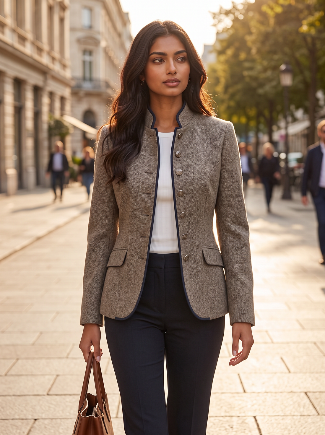 Woman wearing a taupe wool-blend blazer walking on a city street