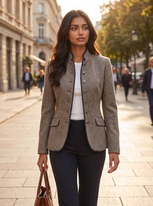Woman wearing a taupe wool-blend blazer walking on a city street