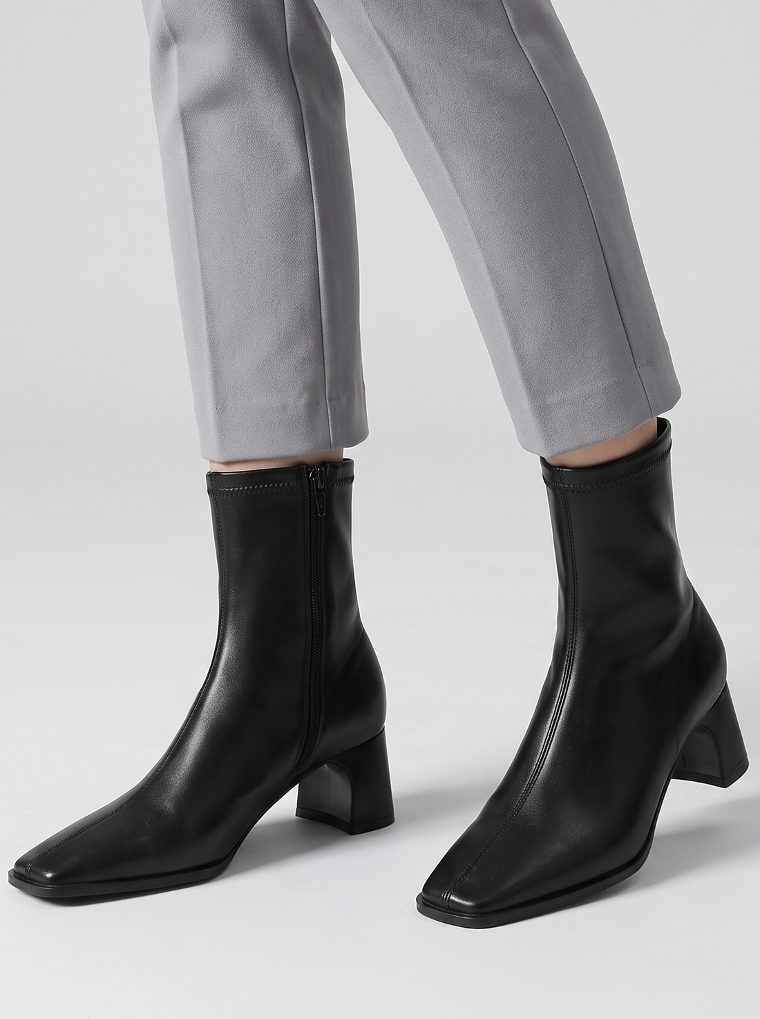 Women's Ankle Boots – Faux Leather Square Toe Block Heel Boots in Black – front view