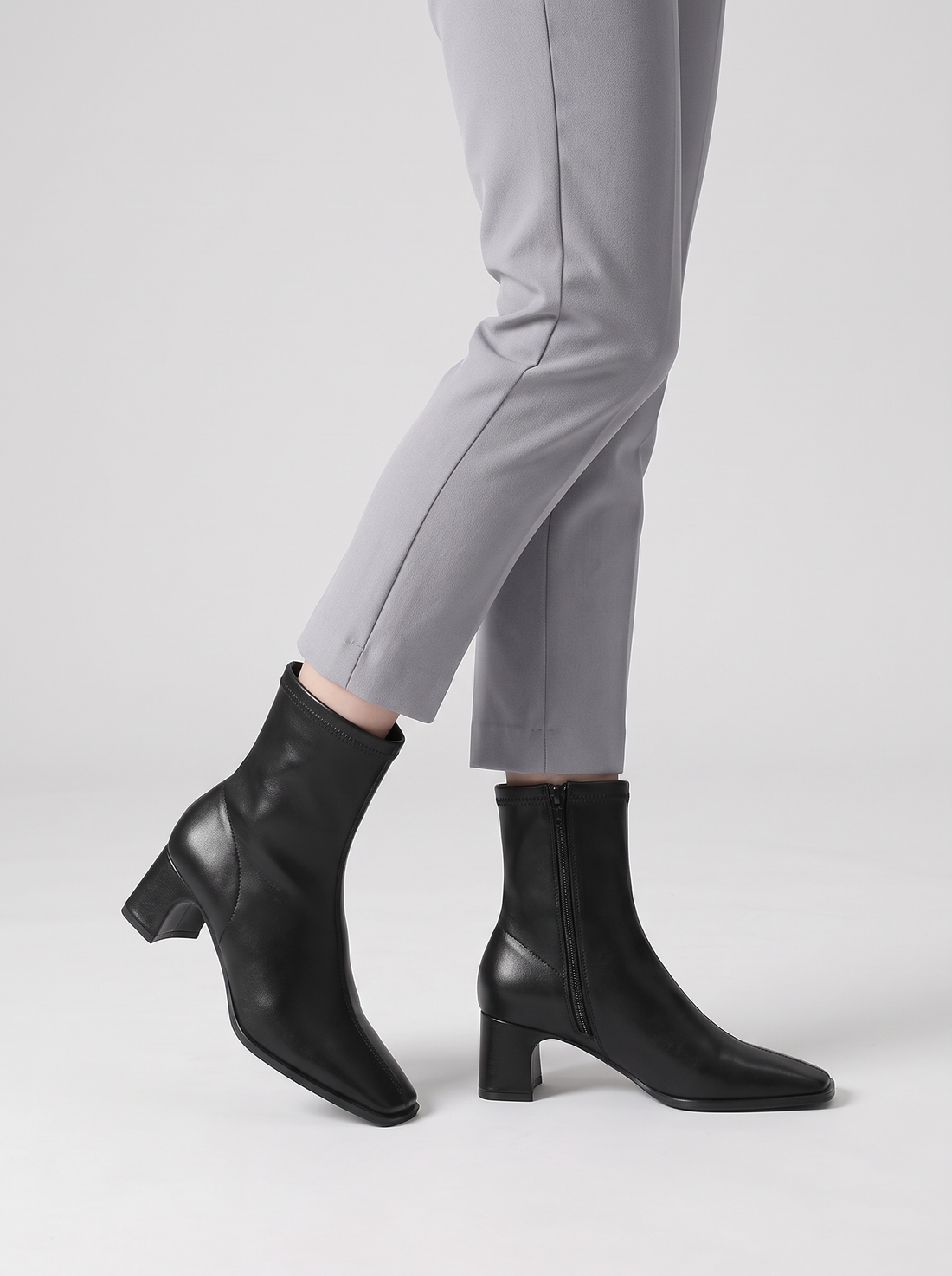 Women's Ankle Boots – Faux Leather Square Toe Block Heel Boots in Black – front view