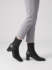 Women's Ankle Boots – Faux Leather Square Toe Block Heel Boots in Black – side view