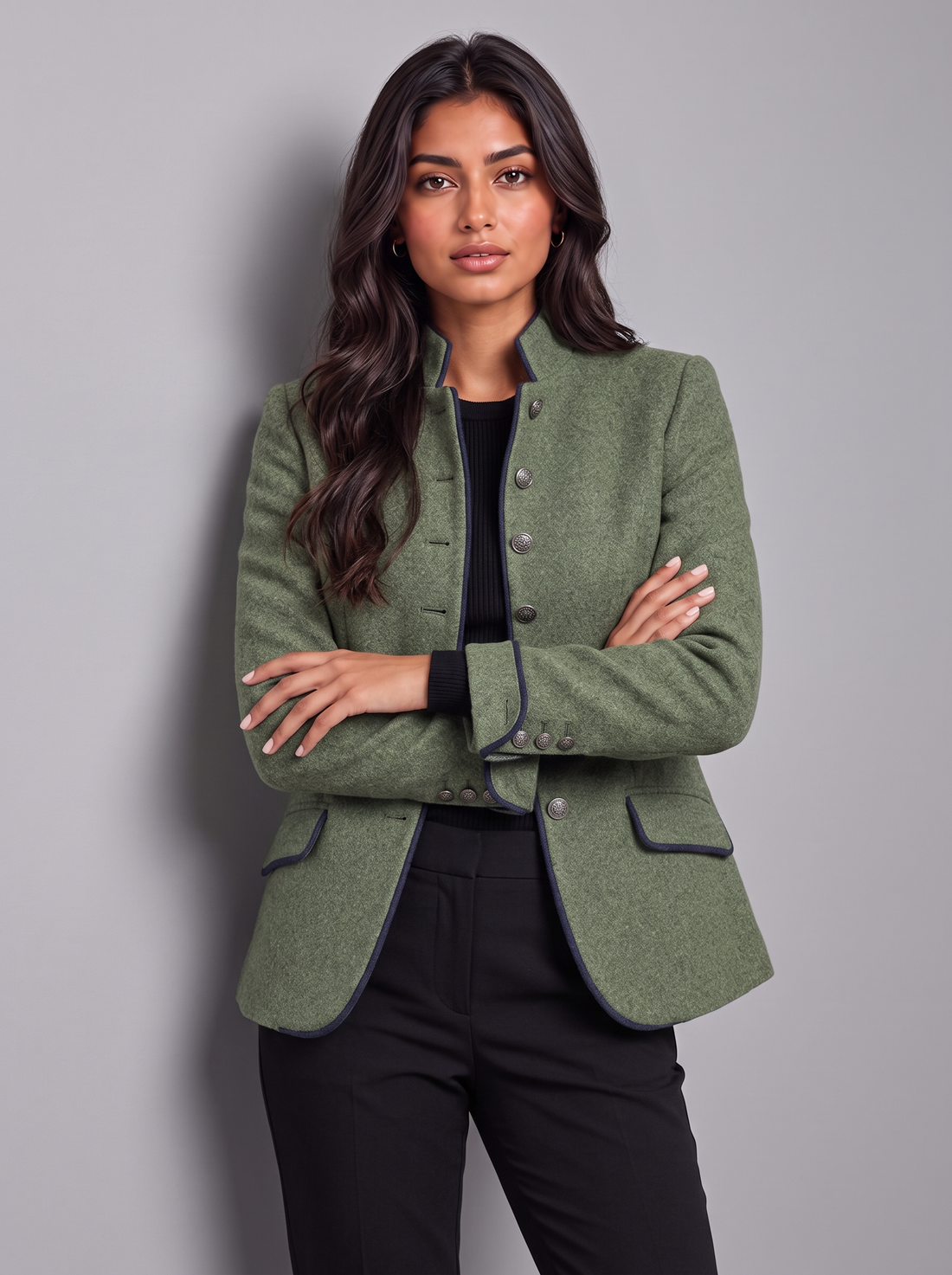 Women's sage green wool-blend blazer with stand collar and navy piping