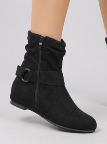 Women's Ankle Boots – Soft Slouch Wedge Boots in Black – close-up of slouch and zip