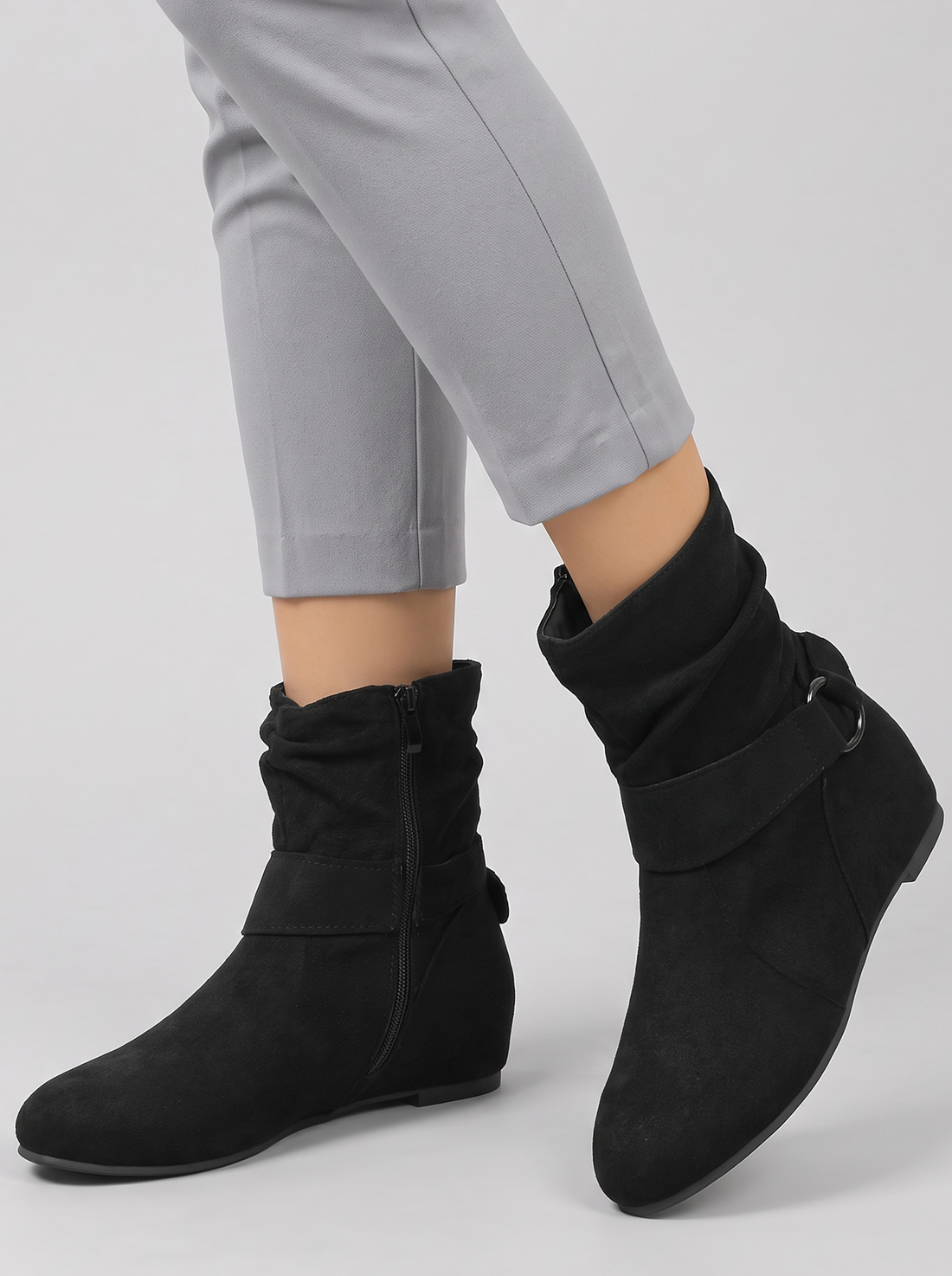 Women's Ankle Boots – Soft Slouch Wedge Boots in Black – front view