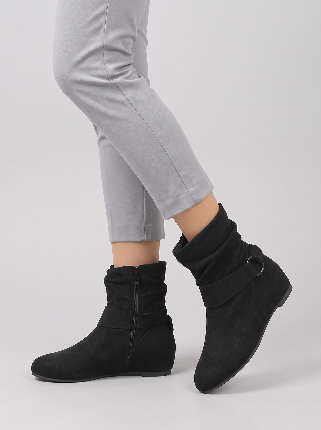 Women's Ankle Boots – Soft Slouch Wedge Boots in Black – front view