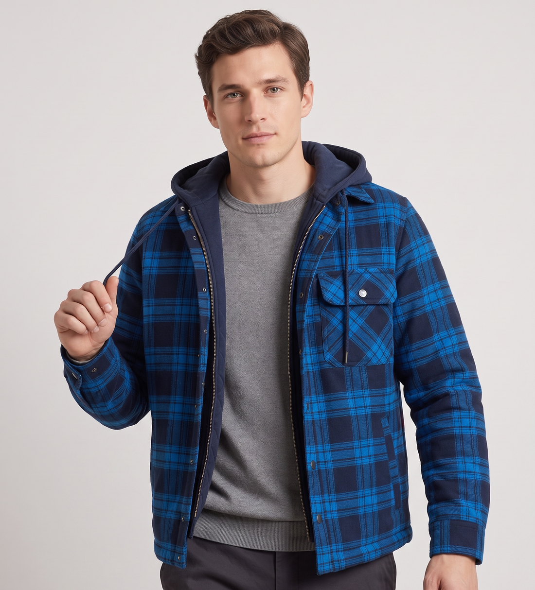 Men's Bomber Jacket with Hood – Fleece Lined Quilted Winter Jacket in Blue