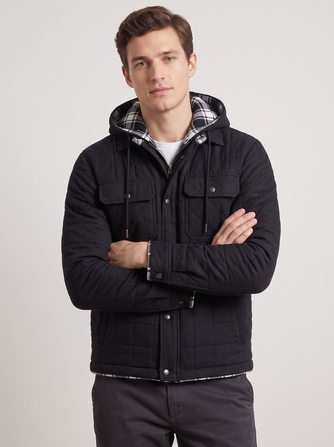 Men's Bomber Jacket with Hood – Fleece Lined Quilted Winter Jacket in Black