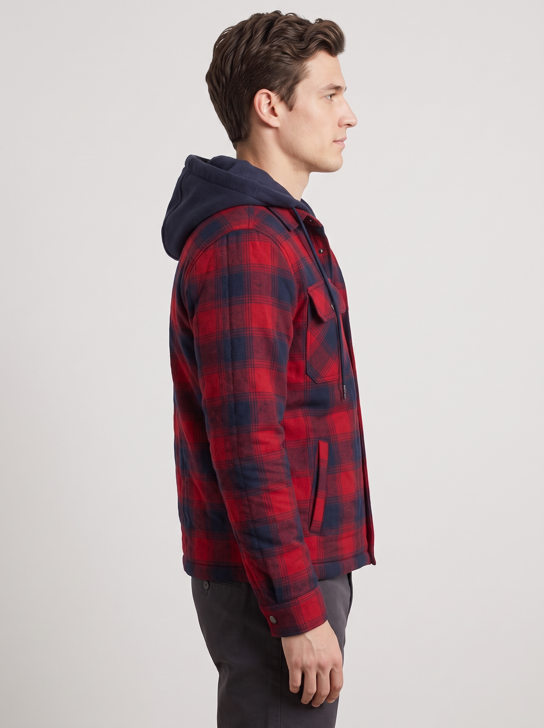 Men's Bomber Jacket with Hood – Fleece Lined Quilted Winter Jacket in Red – side view