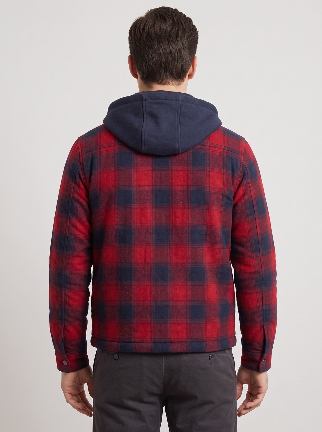 Men's Bomber Jacket with Hood – Fleece Lined Quilted Winter Jacket in Red – back view