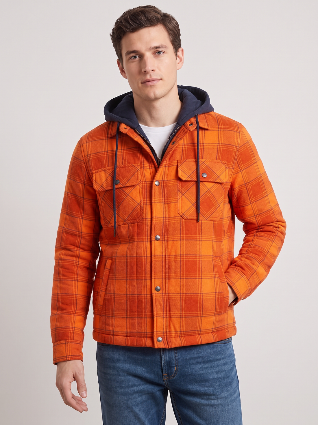 Men's Bomber Jacket with Hood – Fleece Lined Quilted Winter Jacket in Orange