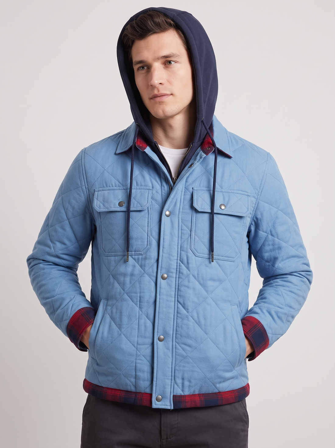Men's Bomber Jacket with Hood – Fleece Lined Quilted Winter Jacket in Sky Blue