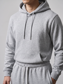Men's Tracksuit Set – Hoodie & Joggers Two Piece in Grey – close-up of hood and fabric